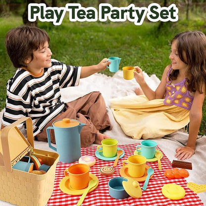 HERSITY Picnic Basket Toys for Toddlers, Kids Play Tea Sets with Teapot Tea Cup Dessert Food and Mat, Pretend Play Kitchen Accessories Tea Party Set Little Girl Boy Age 3 4 5