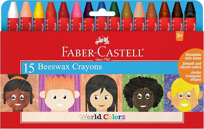 Faber Castell World Colors Beeswax Crayons - 15 Count, 9 Traditional and 6 Skin Color Crayons - Multicultural Crayons for Kids