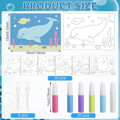 30 Sets Ocean Animal Sand Art Kits for Kids DIY Ocean Craft Sand Painting Colored Sand Art Painting Cards Set for Children DIY Arts Ocean Theme Educational and Learning Activities