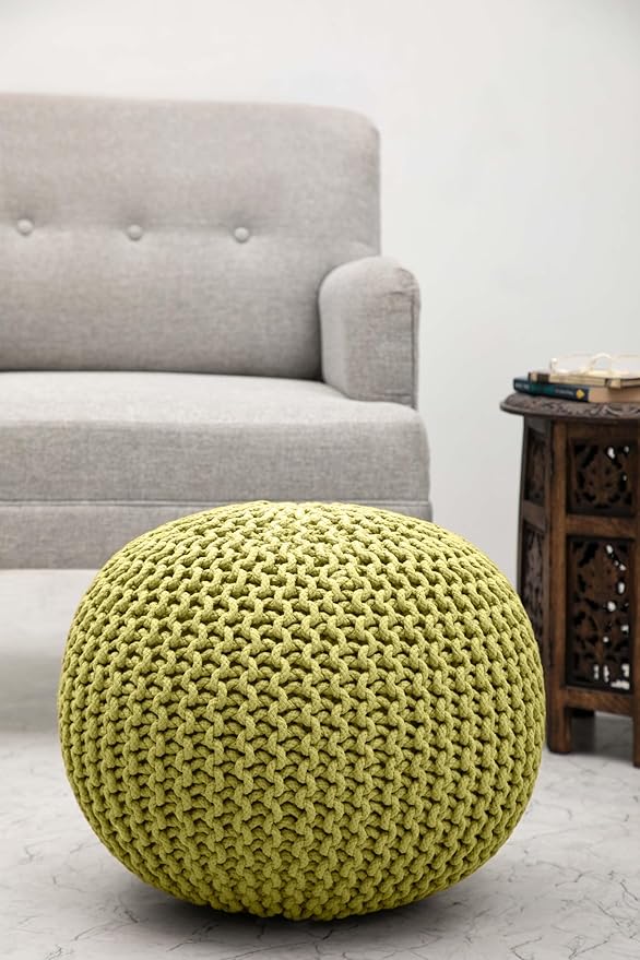 COTTON CRAFT - Hand Knitted Cable Style Dori Pouf - Green - Floor Ottoman - Cotton Braid Cord - Handmade & Hand Stitched - Truly one of a Kind Seating - 20 Dia x 14 High