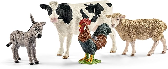 Schleich Farm World - Starter Set, Includes 4 x Collectible Toy Farm Animals, Cow, Sheep, Donkey Foal and Rooster Farm Animal Toys for Kids Ages 3+
