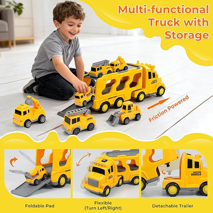Construction Toy Trucks with 6 Construction Vehicles, Sound Light Transport Carrier Truck Construction Toys for Kids 3-5-7, Toddler Boy Toy for 3 4 5 6 7+ Year Old Boy Birthday Gifts Christmas