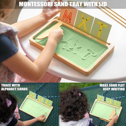 Sand Tray for Classroom Montessori Sand Tray with Lid Wooden Sand Trays for Kids Writing Letters and Numbers (Green)