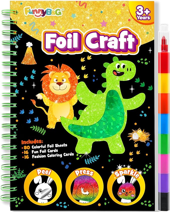 Foil Art Craft Activity for Kids: Fun DIY Toy Sticker Kit, No Mess Creative Travel Supply Set, Idea Birthday Easter Basket Stuffers Valentines Gift for Girl Boy Toddler 4 5 6 7 8 9 Year Old (Dinosaur)