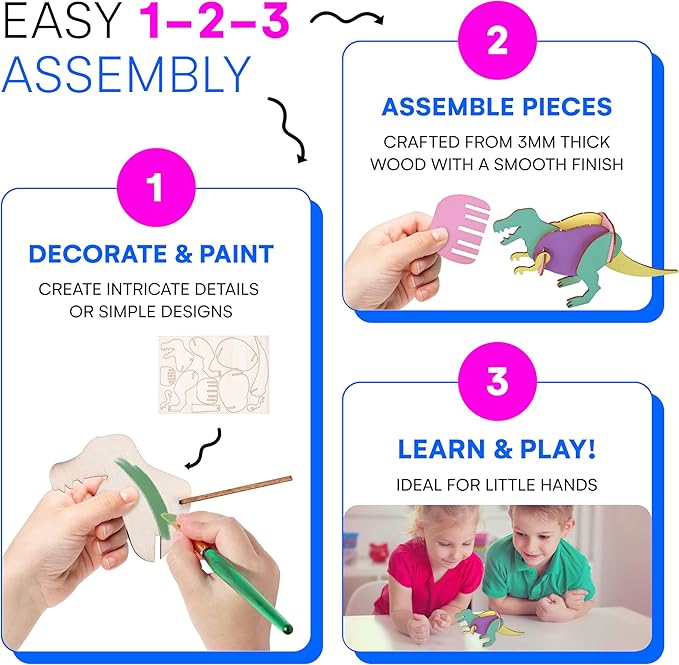 Neliblu Wooden Dinosaur Kit Set of 3 - Colorable Assembly Toy for Kids - 3D Dinosaur Puzzle - Gift for Dinosaur Lovers Ages 5 and Up - 3mm Thick Wood - Creative and Educational Play for Kids