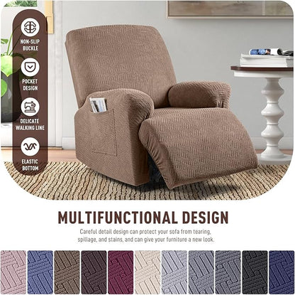 KinCam Recliner Covers, Stretch Reclining Chair Covers, Recliner Sofa Slipcovers Stripe Jacquard Recliner Couch Covers Furniture Protector Covers for Pet Kid (1 Seater, Light Coffee)