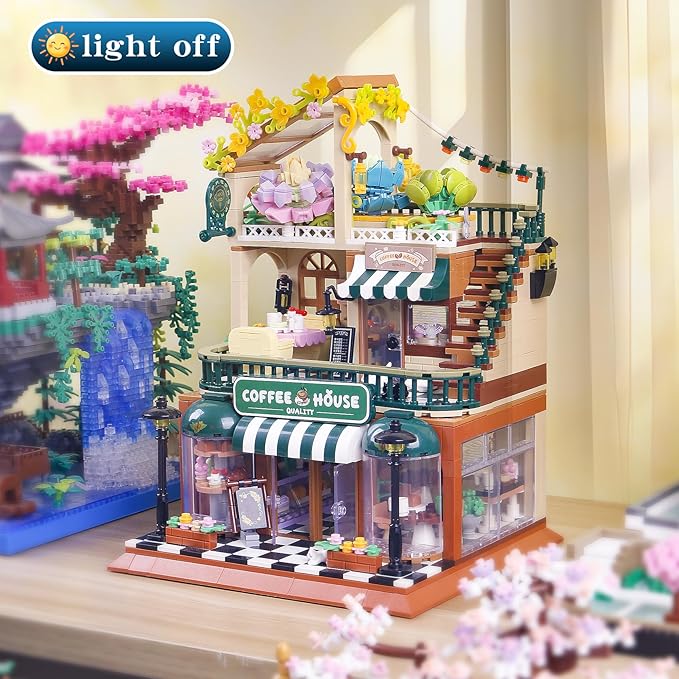 1470PCS Coffee Shop House Architecture Building Set(Not Compatible with Lego House Size,3.6MM Mini Bricks),Cafe Shop City Construction Building Model Kit,Unique Collection Present Toy for 6+