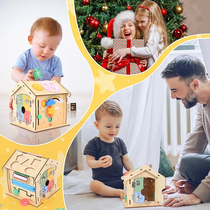 Wooden Busy Board for Toddlers Montessori Toy for Fine Motor Training and Life Skills Development-14-in-1 Toddler Activity Board Sensory Toys-Perfect Montessori Toys for over 3 years old kids