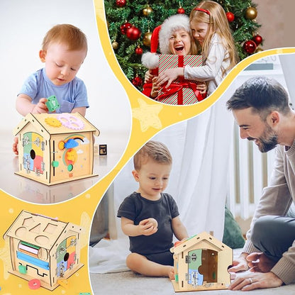 Wooden Busy Board for Toddlers Montessori Toy for Fine Motor Training and Life Skills Development-14-in-1 Toddler Activity Board Sensory Toys-Perfect Montessori Toys for over 3 years old kids