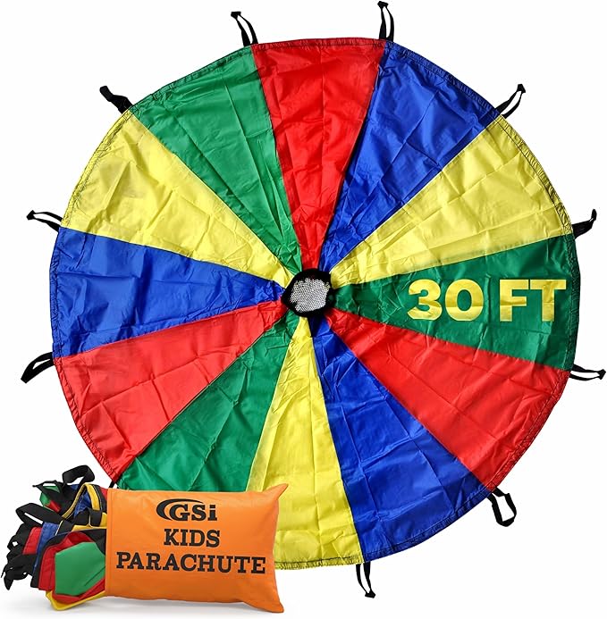 GSi Kids Play Parachute Rainbow Parachute Toy Tent Game for Children Gymnastics Cooperative Play and Outdoor Playground Activities (30 Feet)