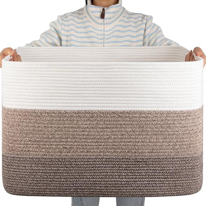 OIAHOMY 108L Large Cotton Rope Basket, Rectangle Woven Baskets for Storage, Nursery Blanket Storage Living Room, Toy Basket with Handle-25”x16”x16”-Gradient Dark Brown