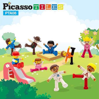 PicassoTiles 16 Piece Character Action Figures Toddler Toy Set Expansion Pack Magnetic Construction Blocks STEM Pretend Play Toys Building Tiles PTA08
