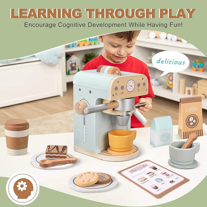 Kids Wooden Coffee Maker Toy, Wooden Play Kitchen Appliances & Accessories Toy for Kids Toddlers, Gift for Girls Boys