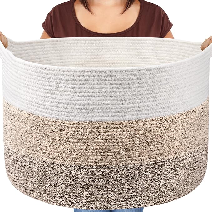 Maliton Extra Large Blanket Basket Living Room, 22" X 22" X 14" Woven Cotton Rope Laundry Basket Toy Baskets with Handle Storage Comforter Cushions Clothes Thread Laundry Hamper