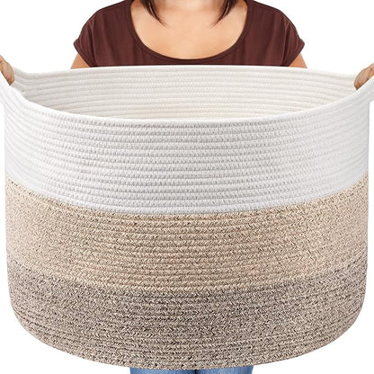 Maliton Extra Large Blanket Basket Living Room, 22" X 22" X 14" Woven Cotton Rope Laundry Basket Toy Baskets with Handle Storage Comforter Cushions Clothes Thread Laundry Hamper
