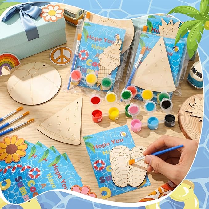 Saypacck 24 Pcs Summer Beach Party Favors Wooden Painting Craft Kits Birthday Party Supplies with Organza Bag for Goodie Bags Fillers Adult Thank You Gifts