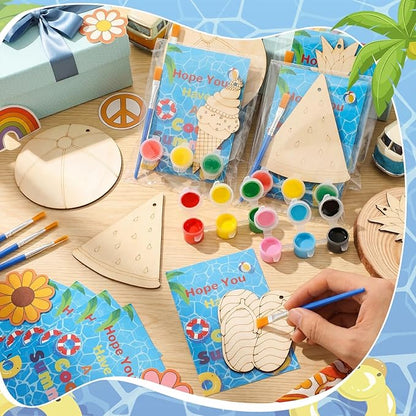 Saypacck 24 Pcs Summer Beach Party Favors Wooden Painting Craft Kits Birthday Party Supplies with Organza Bag for Goodie Bags Fillers Adult Thank You Gifts
