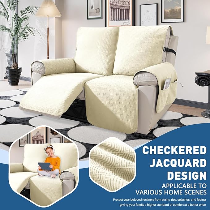 Easehomey 100% Waterproof Loveseat Recliner Cover Non-Slip Sofa Cover with Elastic Band Two Pockets, Washable Recliner Couch Cover 2 Seat Furniture Protector for Kids,Pets (Beige, Recliner Loveseat)