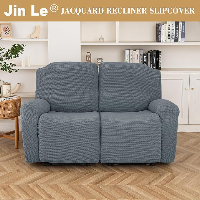 Jin Le 6 Pieces Recliner Cover Stretch Recliner Chair Cover - Reliner, Drak Gray 2 Seater Recliner Couch Covers Sofa Covers Jacquard Soft Furniture Protector with Elastic Bottom and Ties for Kids/Pets
