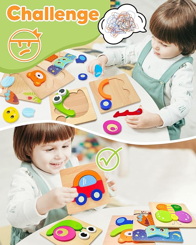 Bekayshad Wooden Puzzles Toddler Toys Gifts for 1 2 3 Year Old Boys Girls, 12 Pack Animal Jigsaw Puzzles Montessori Toys, Learning Educational Christmas Birthday Gifts for Girls Boys Ages 1-3