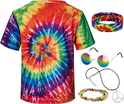 Kids Hippie Costume for Boys Girls 60s 70s T-Shirt 5Pcs Set for Halloween Party 3-12 Years