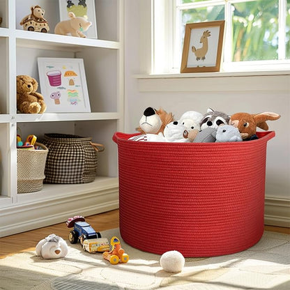 MEGASKET 115L Extra Large Red Basket for Organizing, 23.6"x15.7" Jumbo Woven Cotton Rope Bins for Blankets, Baby Nursery Laundry Basket, Kids Dog Toy Storage Box, Huge Red Living Room Decor Organizer