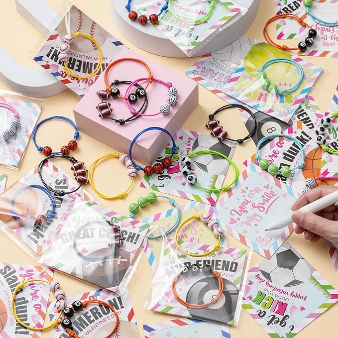 Valentines Day Cards for Kids School 28 Packs Valentines Day Gifts for Kids with Adjustable Sports Balls Bracelets Fit Kids Size Valentine School Classroom Prizes Gift Exchange Party Favors