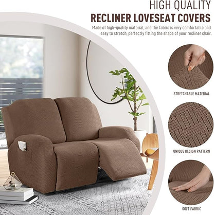 KinCam Recliner Covers, Stretch Reclining Chair Covers, Recliner Sofa Slipcovers Stripe Jacquard Recliner Couch Covers Furniture Protector Covers for Pet Kid (2XL Seater, Light Coffee)