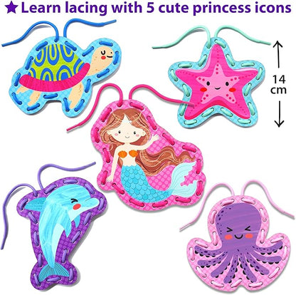 KRAFUN Beginner Mermaid Lacing Card Kit for Kids Arts & Crafts, 5 Easy Mermaid, Animal Lacing Projects, Lacing Cards for Toddlers, Fine Motor Preschool Skills Toys