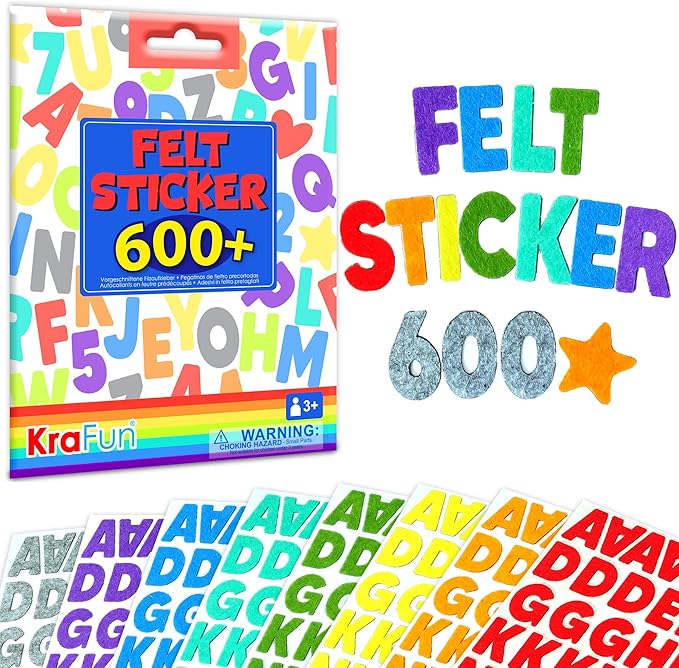 KRAFUN Felt Sticker Kit for Beginner Toddlers, Kids Arts & Crafts, Pack of 600 Assorted Scrapbook Stickers Alphabets, Numbers, Fun Shapes, Preschool, Children Early Learning, self Adhesive