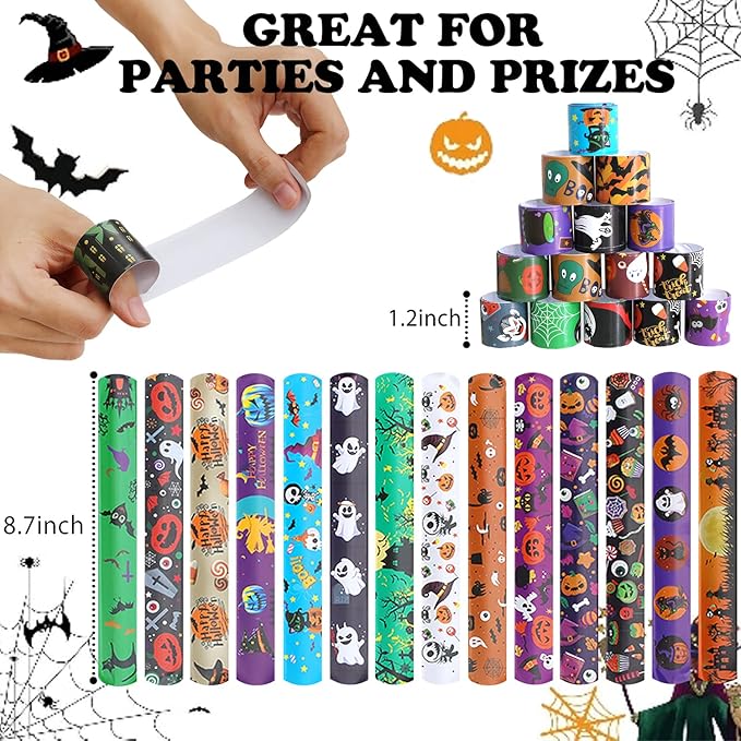 120 Pcs Friendship Bracelets Halloween Slap Bracelets Party Favors for Kids - 60 Different Design Bracelets Halloween Party Supplies and Decorations Snap Bracelets with Halloween Classies Pattern