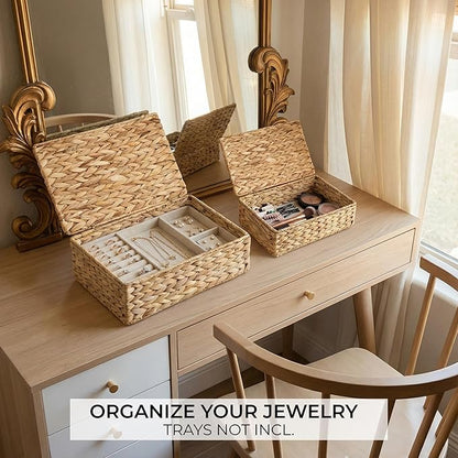 Decorative Storage Boxes with Lids - Set of 2 Beautiful Wicker Organizer Bins for Your Shelves & Home Decor - Safely Store Your Photos, Documents, and Memory Box Keepsakes in a Stylish Rattan Design