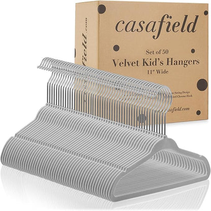 Casafield 50 Velvet Baby Hangers - 11" Size for Infant & Toddler Clothes - Gray
