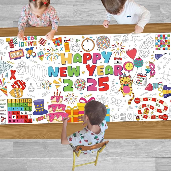 YQUQWN Giant Happy New Year 2025 Coloring Poster - 35.5×72 Inch Disco Ball Poster Tablecloth - Happy New Years Eve Crafts Party Favors - 2025 New Year Kids Activities Party Decoration Supplies