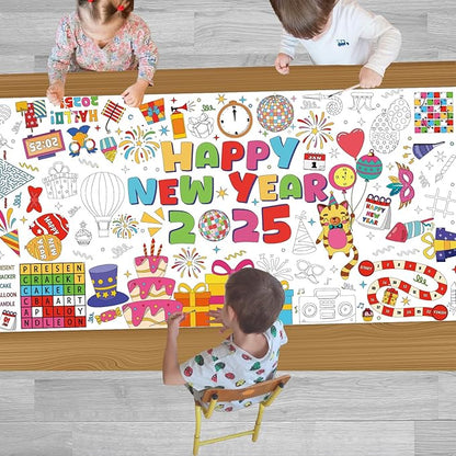 YQUQWN Giant Happy New Year 2025 Coloring Poster - 35.5×72 Inch Disco Ball Poster Tablecloth - Happy New Years Eve Crafts Party Favors - 2025 New Year Kids Activities Party Decoration Supplies