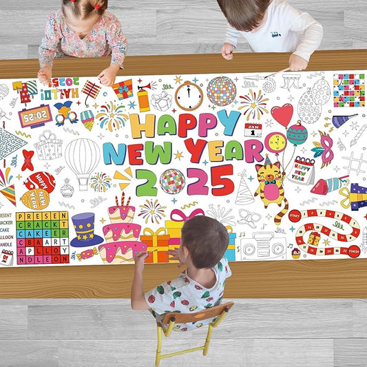 YQUQWN Giant Happy New Year 2025 Coloring Poster - 35.5×72 Inch Disco Ball Poster Tablecloth - Happy New Years Eve Crafts Party Favors - 2025 New Year Kids Activities Party Decoration Supplies