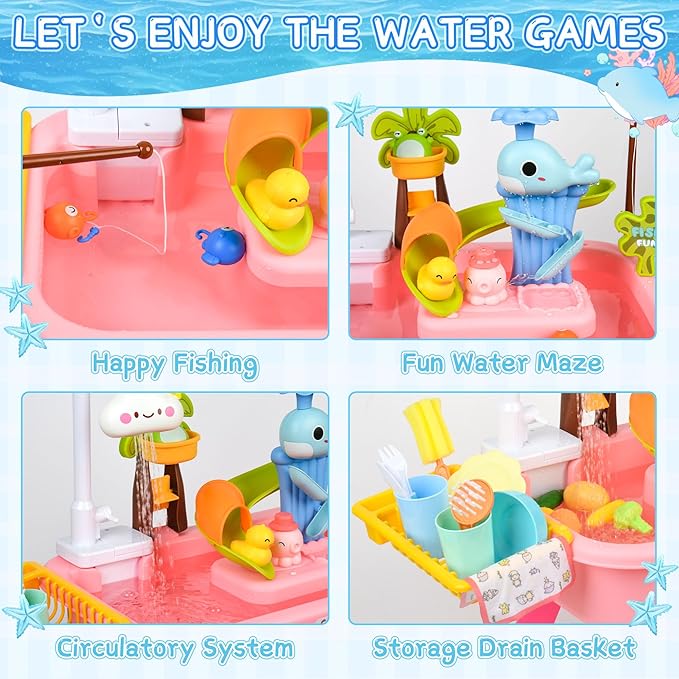 Upgraded Toddler Sand Water Table Toy with Electric Water Pump, for Toddlers 1-3 Kids Sand Water with Faucet/Play Food Accessories/Fishing Toy, Kitchen Play Sink Toys for Girl Boy