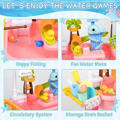 Upgraded Toddler Sand Water Table Toy with Electric Water Pump, for Toddlers 1-3 Kids Sand Water with Faucet/Play Food Accessories/Fishing Toy, Kitchen Play Sink Toys for Girl Boy