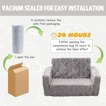 Kids Sofa, Toddler Chair, 2-in-1 Flannel Kids Fold Out Couch, Toddler Convertible Sofa to Lounger, Flip Open Toddler Couch for Kids (Grey)