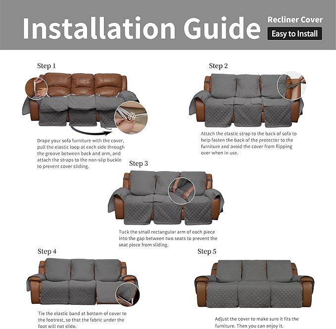 Easy-Going Recliner Sofa Cover, Reversible Couch Cover for 3 Seat Recliner, Split Sofa Cover for Each Seat, Furniture Protector with Elastic Straps for Dogs, Pets(3 Seater, Gray/Light Gray)