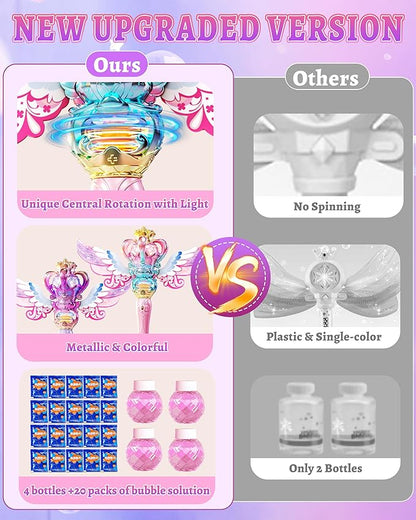 Uregoio 2 Pack Princess Bubble Wands Machine for Girls with Rotating Design, Outdoor Bubble Maker Toys for Kids Ages 4-8, Rechargeable Light & Music Fairy Wands for Party Birthday(Pink & Purple)