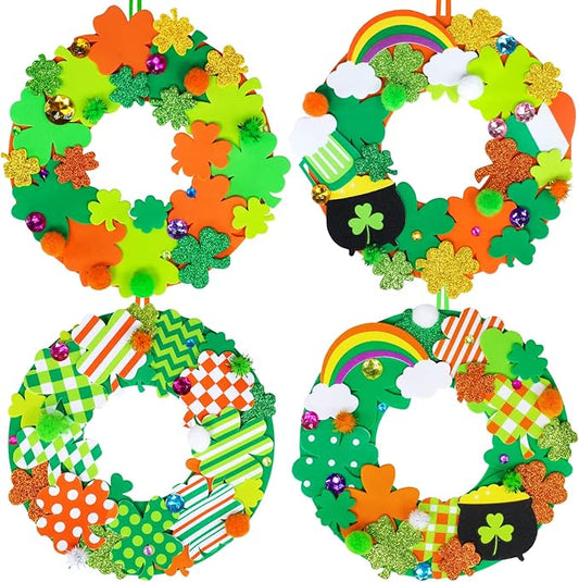 12 Sets St. Patrick's Day Shamrock Wreath Sign Decorations Foam St. Patrick's Day Craft Kits Lucky Shamrock Four-Leaf Clover Rainbow Foam Stickers for Kids Party Favors Classroom Activity Art Project