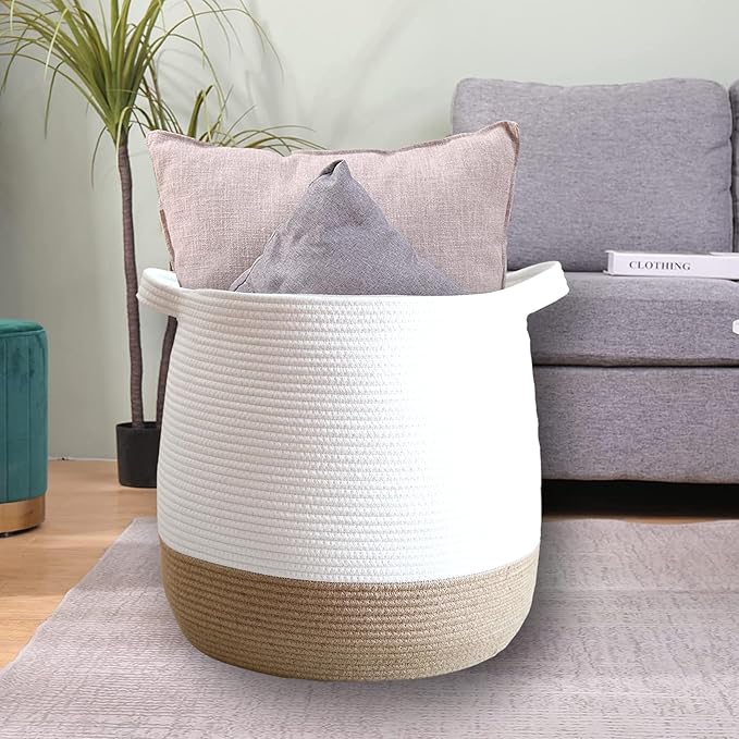 Large Cotton Rope Basket, Woven Storage Basket for Toy, Laundry and Blanket Organizer Basket, Round Hamper Basket with Handles for Kid's Room 17.7"x16.9"