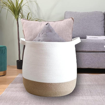 Large Cotton Rope Basket, Woven Storage Basket for Toy, Laundry and Blanket Organizer Basket, Round Hamper Basket with Handles for Kid's Room 17.7"x16.9"
