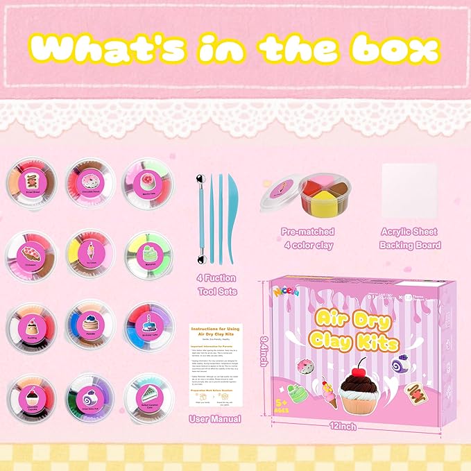 Air Dry Clay Kit, 12 Cakes Modeling Clay for Kids, Model Magic with Sculpting Tools and Tutorials, Safe & Non-Toxic, DIY Arts & Crafts School Projects, Home Party Favors for Boys & Girls