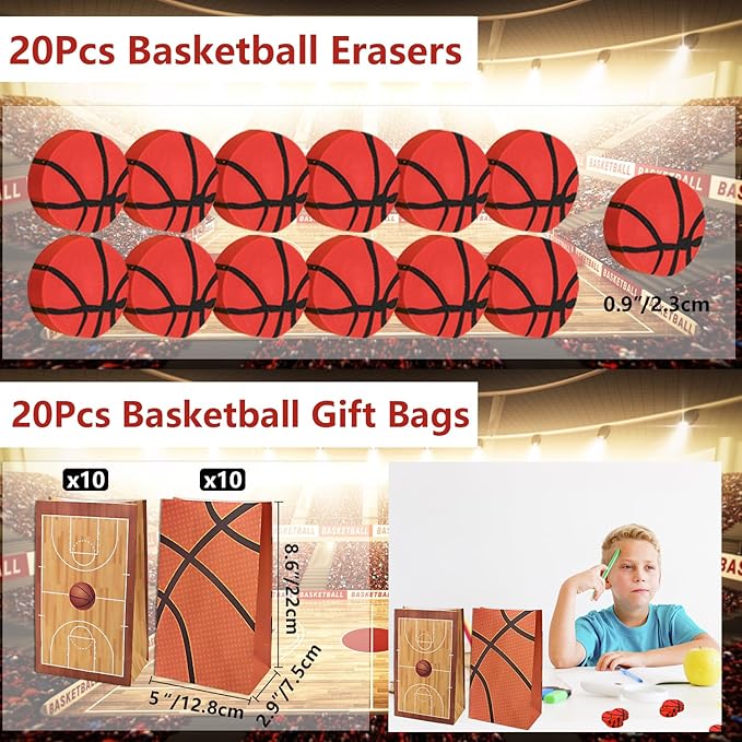 Basketball Party Favors, 150Pcs Basketball Party Supplies Gift Set for 20 Kids Students, Including Basketball Stree Balls, Gift Bags, Silicone Wristbands Basketball Theme Stickers, Erasers