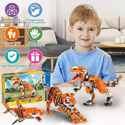 1030 Piece STEM Building Toys-3in1 Mini Transforming Toy Building Set with Dinosaur/Tiger/Shark Building Kit, Educational Toy for Kids 6-12, Christmas Birthday Gifts for Girls Boys Ages 8-14+