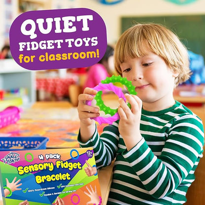 Sensory Fidget Toys Kids Toddlers - 4 Pack Chew Sensory Rubber Bracelet | Calming Autism Quiet Fidgets & Texture Anxiety Silent Toys for Classroom Prizes | Gifts Christmas Stocking Stuffers for Kids