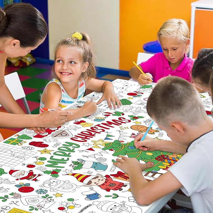 Christmas Giant Coloring Poster for Kids 30x72 Inch, Merry Christmas Large Coloring Tablecloth Banner, Christmas Color-in Activities Games for Kids School Classroom Home Party Supplies Decorations