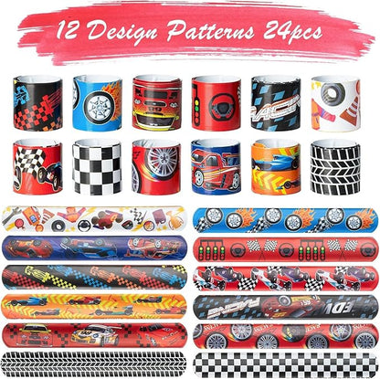 Haooryx 74PCS Racing Car Slap Bracelets 50PCS Race Car Stickers Party Favors Racing and Speed Themed Wristband Checkered Flags Slap Bracelets for Kids Car Birthday Party Classroom Rewards Supplies